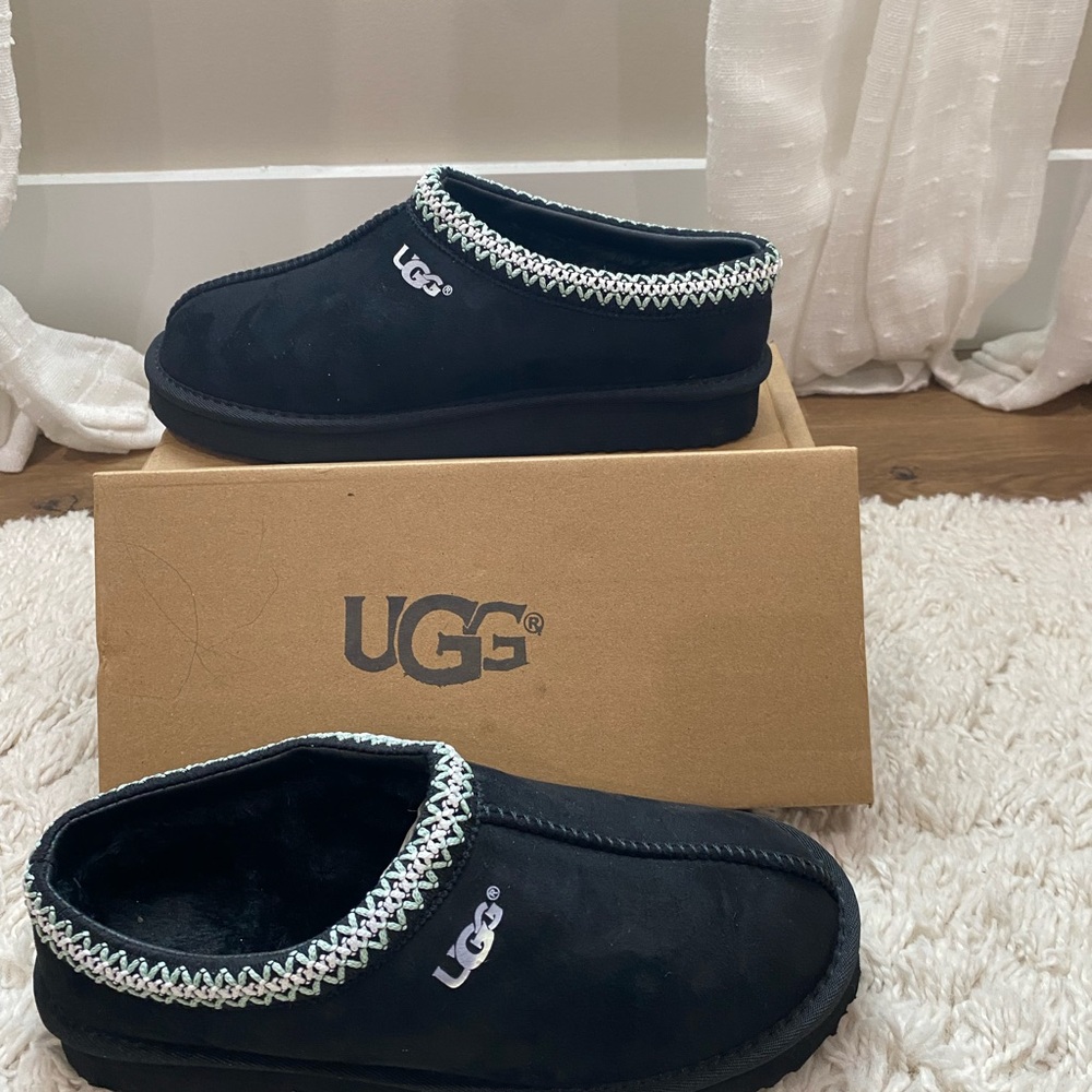 UGG Black Slippers with Patterned Trim